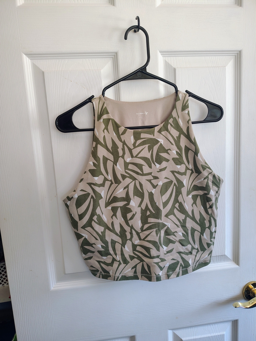 Old Navy Green and Cream Leaf-Print High-Neck Crop Top Sports Bra